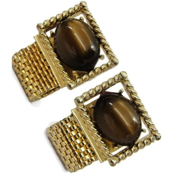Swank Tiger Eye Cufflinks Mesh Set Gold Tone Wedding Tux Vintage IOB - Picture 15 of 16